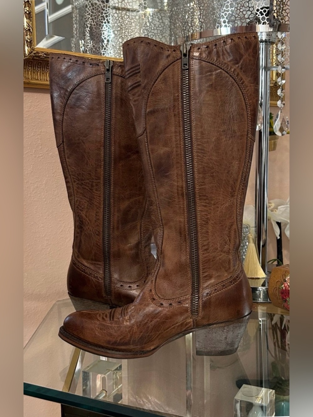 Ariat Distressed Brown Embroidered Leather Western Heeled Zipper Boots Size 7 - Picture 5 of 16